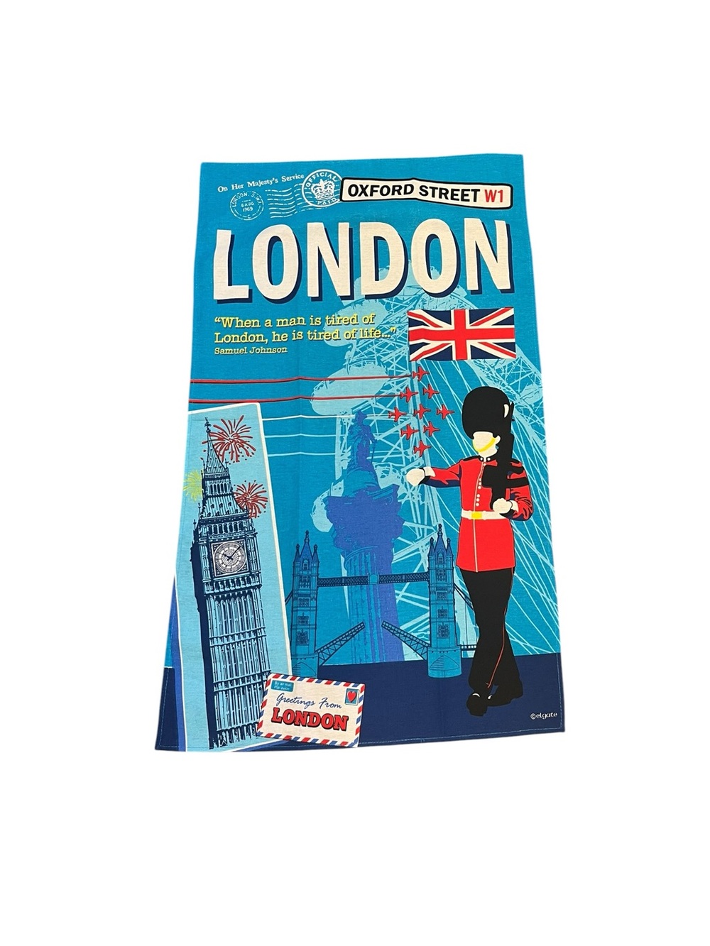 London Tea Towel Souvenir  Guardsman Big Ben Tower Bridge Blue UK 100% Cotton
